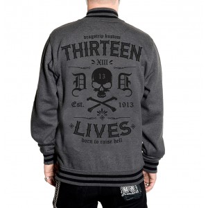 Dragstrip Clothing Mens Retro Baseball Jacket Thirteen Lives Grey Black